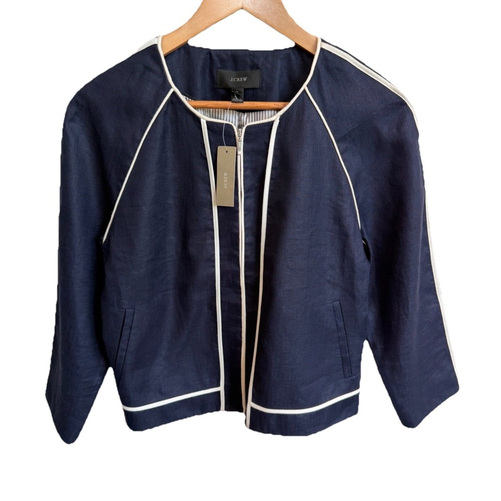 NWT J.Crew Herringbone Linen Navy Blue Zip Front Structured Jacket Size 10